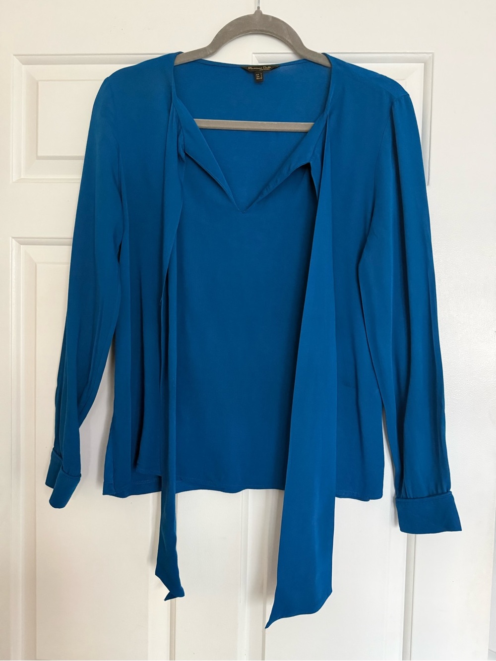 Massimo Dutti Teal-Blue Tie-Neck Long Sleeve Blouse
